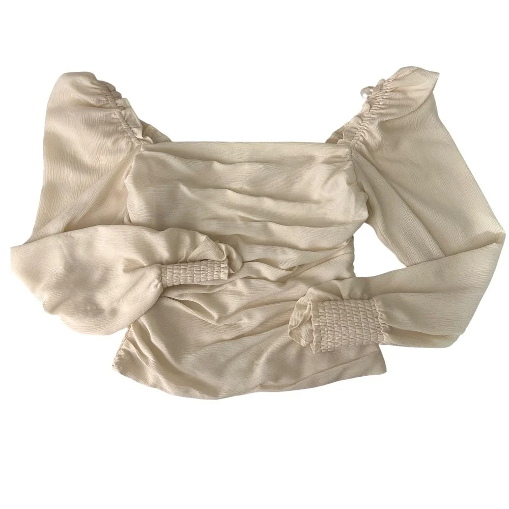 ASTR‎ Cream Ruched Top Womens S Milkmaid Blouse Puff Sleeve Cottagecore Coquette
